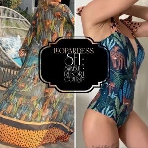 new Leopardess Swim Set Small one-piece swimsuit + cover-up resort-wrap / robe